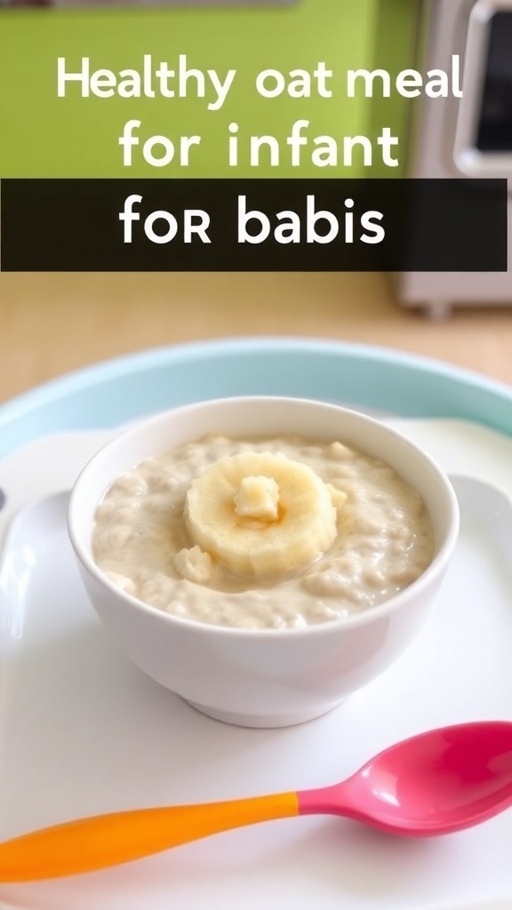 A bowl of baby oatmeal with banana, ready for serving on a high chair tray.
